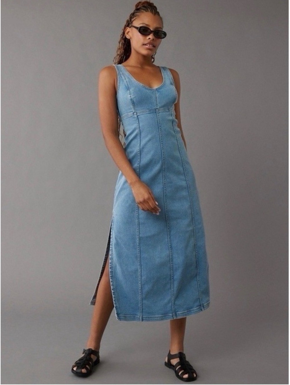 American Eagle Denim Maxi Dress Womens 10 Blue Scoop Neck Side Slit Y2K AE